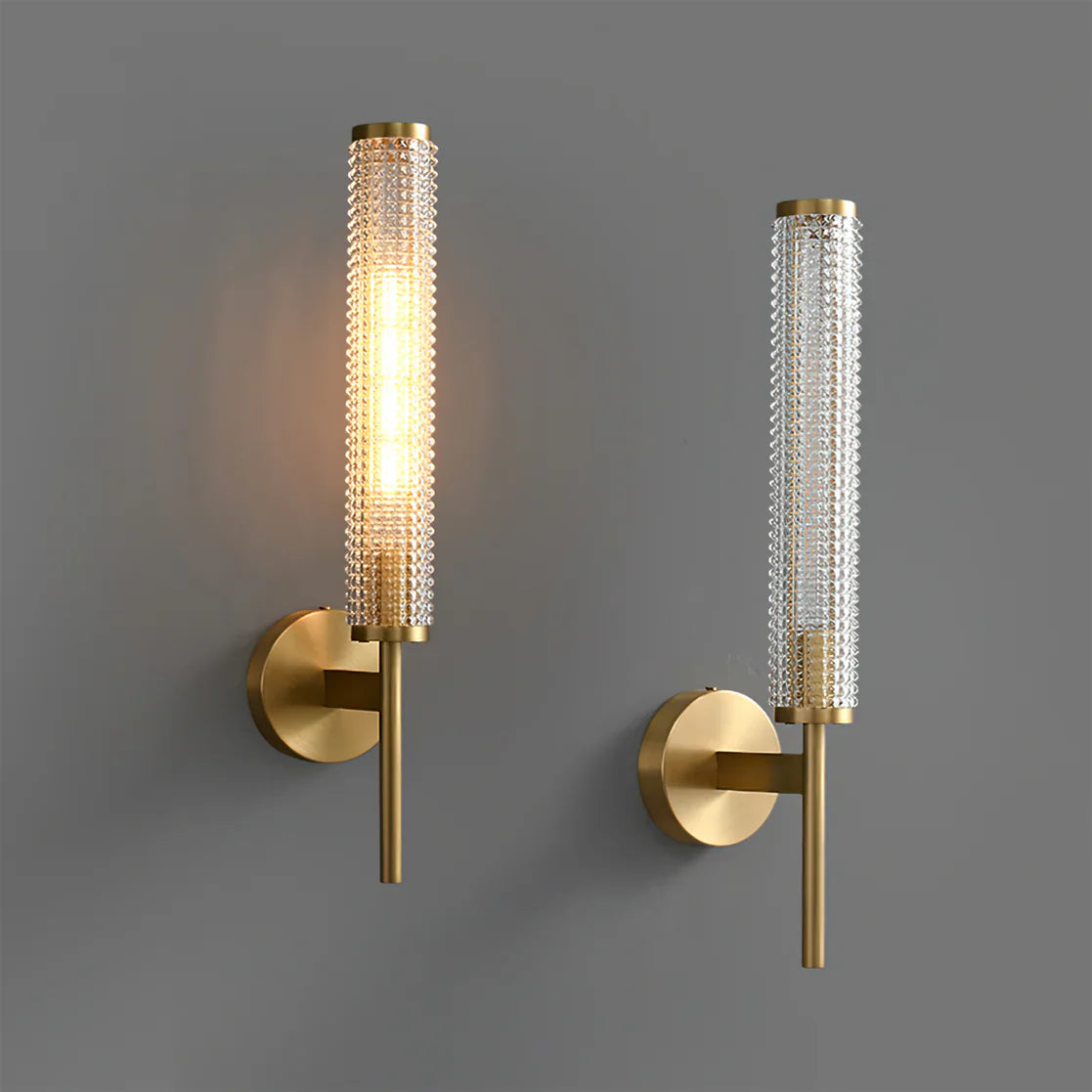 Ahuja International Modern Luxury Brass Crystal Long Column Straight Arm LED Wall Sconce Lamp