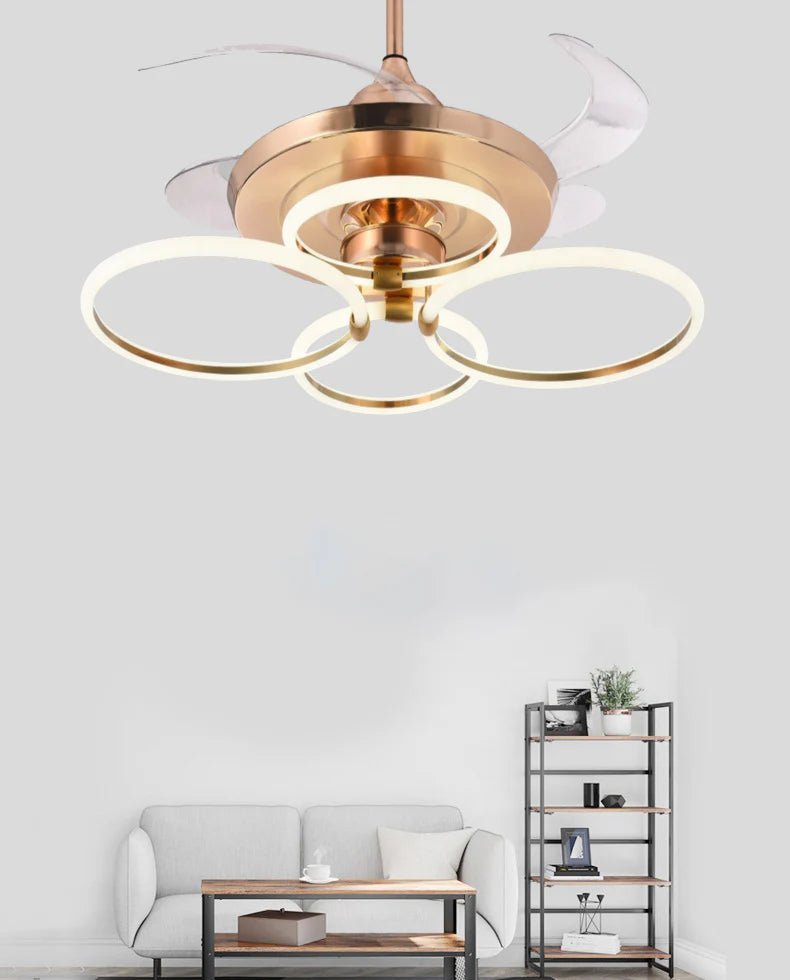 Ahuja International Rings Ceiling Fan Chandelier Crystal ,4 Rings with Remote control ,3 in 1 Lightsfor Living Room Drawing Room -Rose Gold