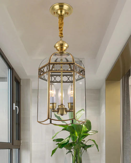 Ahuja International Golden Glass Luxury Pendant Light Colonial Lantern Hanging Pendant 3 Heads Clear Glass Chandelier Lighting Fixture for Hallway