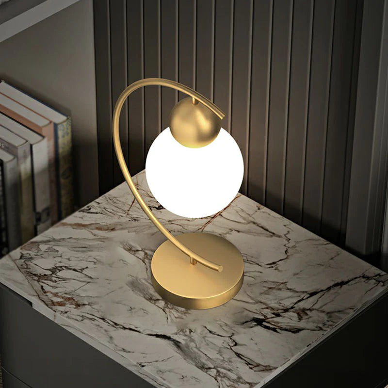 AHUJA INTERNATIONAL Gourd Shaped Night Table Light Postmodern Milk Glass 1-Light Gold Nightstand Lamp with C Arm