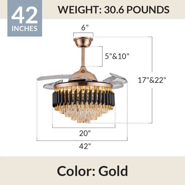 Ahuja International Gold Black Ceiling Fan Chandelier with K9 Crystal and Remote Control 4 Retractable ABS Blades-3 Color Light