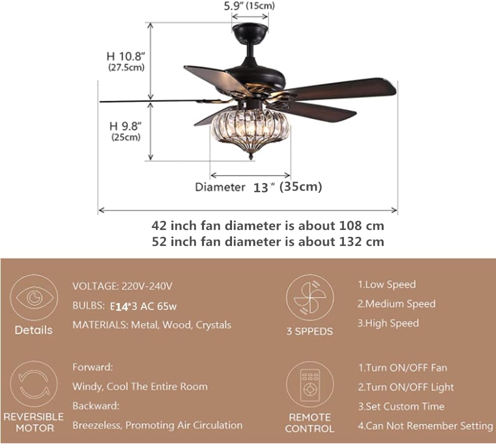 Ahuja International Designer Fan,Ceiling Fan with Light And Remote Control Living Room Ceiling Fan Modern Fan with Light LED Crystal Shade Bedroom Lounge Dining Table Kitchen Island Motor Mute Reversible,Black,52