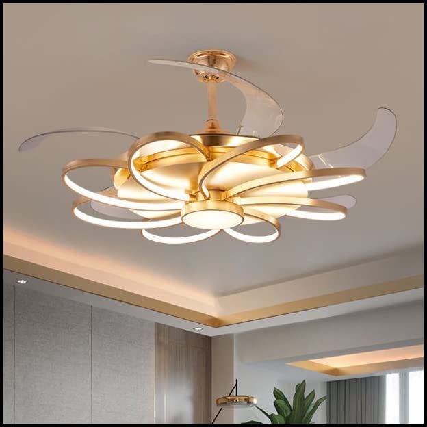 Ahuja International Nordic Style Contemporary Decorative Ceiling Fan With LED Light,Invisible Gold Oval Rings Ceiling Fan Chandelier with Remote Control 4 Retractable ABS Blades