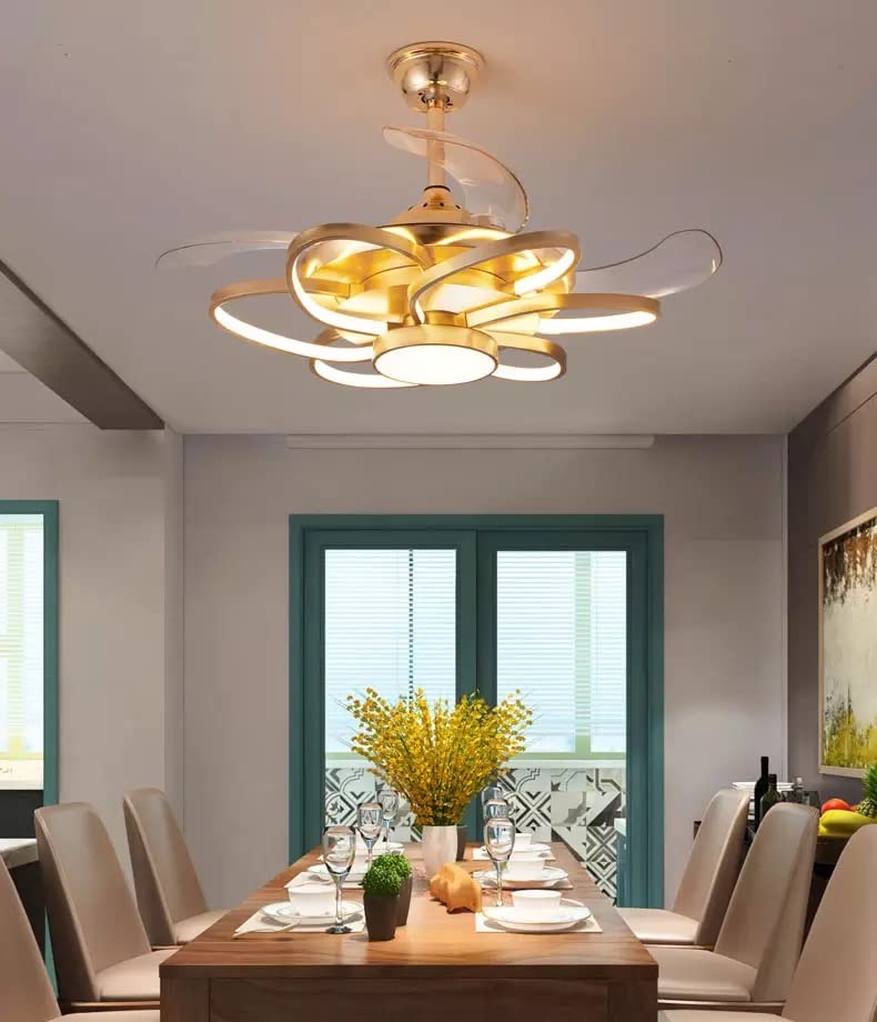 Ahuja International Nordic Style Contemporary Decorative Ceiling Fan With LED Light,Invisible Gold Oval Rings Ceiling Fan Chandelier with Remote Control 4 Retractable ABS Blades