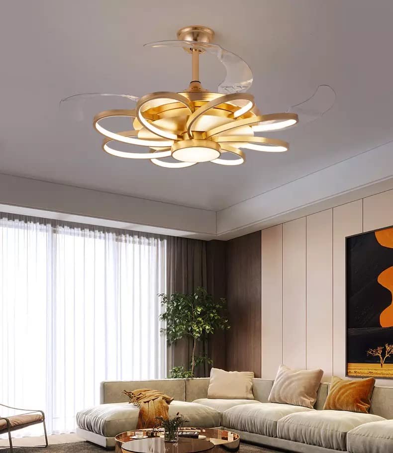 Ahuja International Nordic Style Contemporary Decorative Ceiling Fan With LED Light,Invisible Gold Oval Rings Ceiling Fan Chandelier with Remote Control 4 Retractable ABS Blades