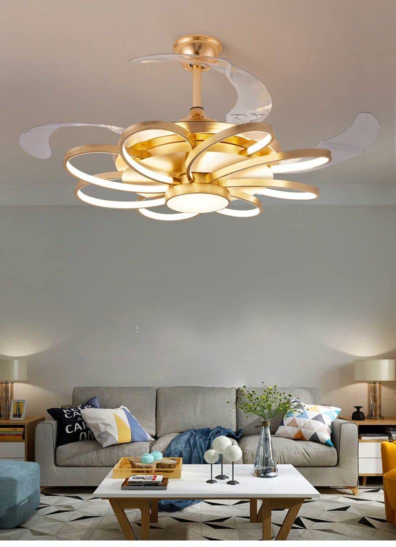 Ahuja International Nordic Style Contemporary Decorative Ceiling Fan With LED Light,Invisible Gold Oval Rings Ceiling Fan Chandelier with Remote Control 4 Retractable ABS Blades