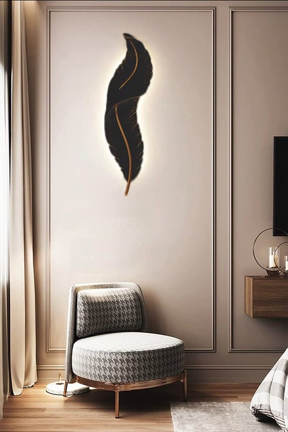 Ahuja International Led Wall Sconce for Bedroom Luxury Black Best Living Room Light Fixture Modern Feather Design Indoor Lustre New Resin Lamp Black (650 MM)