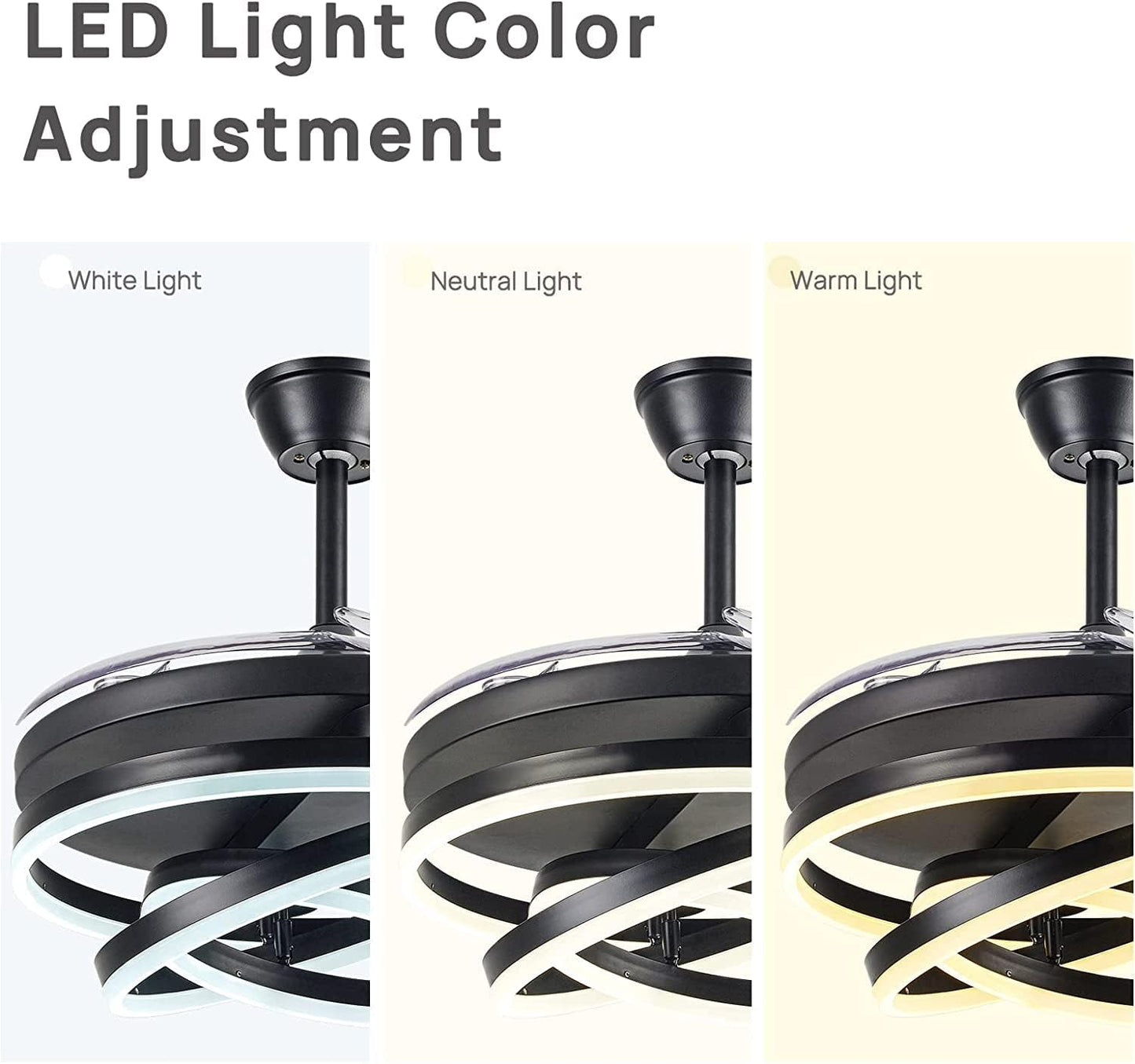 Ahuja International 42 Inch Invisible Black Rings Ceiling Fan Chandelier with Remote Control 4 Retractable ABS Blades - Tricolor (Black)