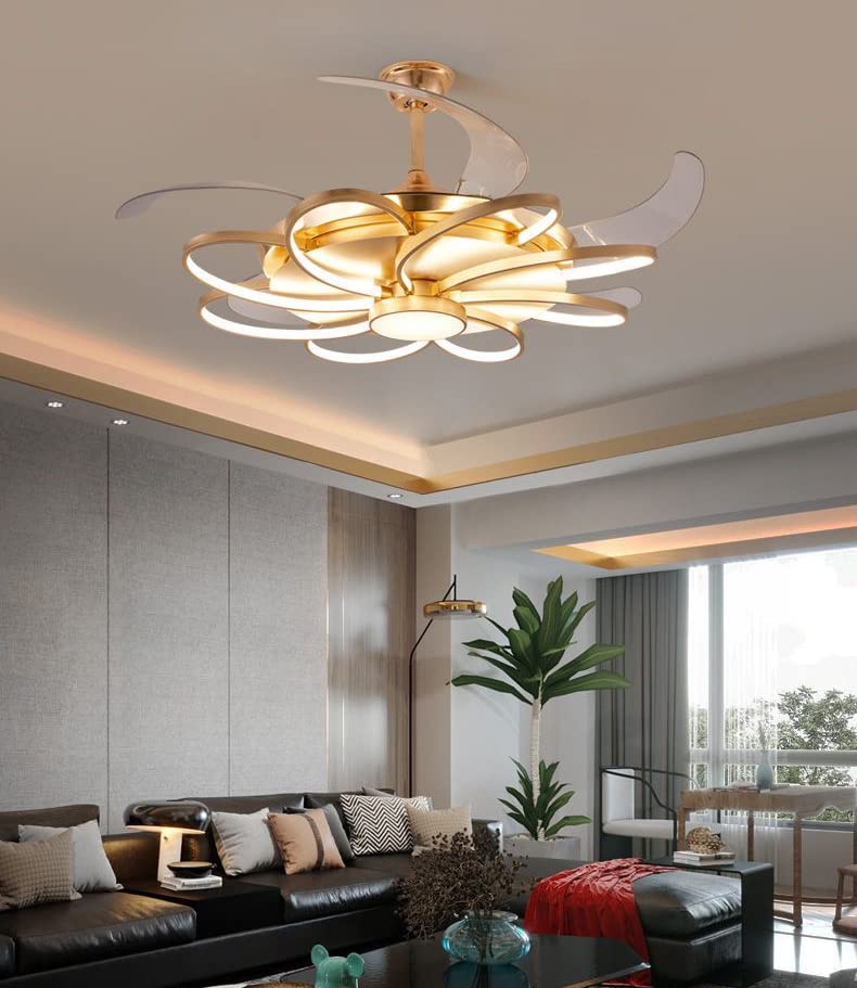 Ahuja International Nordic Style Contemporary Decorative Ceiling Fan With LED Light,Invisible Gold Oval Rings Ceiling Fan Chandelier with Remote Control 4 Retractable ABS Blades