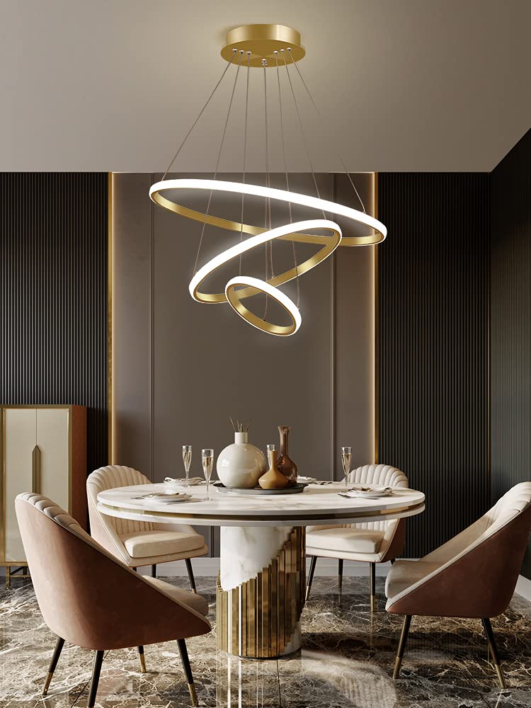 3 RING GOLD BODY MODERN DOUBLE LED CHANDELIER FOR DINING LIVING ROOM OFFICE HANGING SUSPENSION FANCY LAMP - WARM WHITE