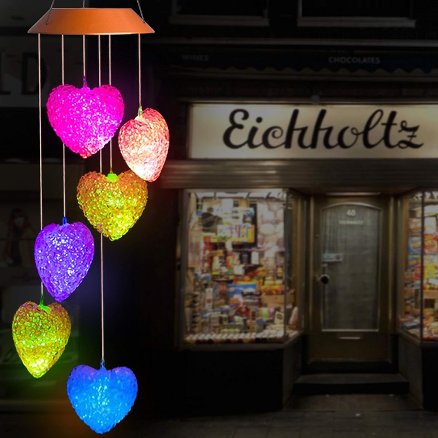 Ahuja International Solar Powered Wind Chime Heart,6 Hearts, Waterproof Outdoor Decorative Romantic Light for Garden,Patio, Porch (Heart)