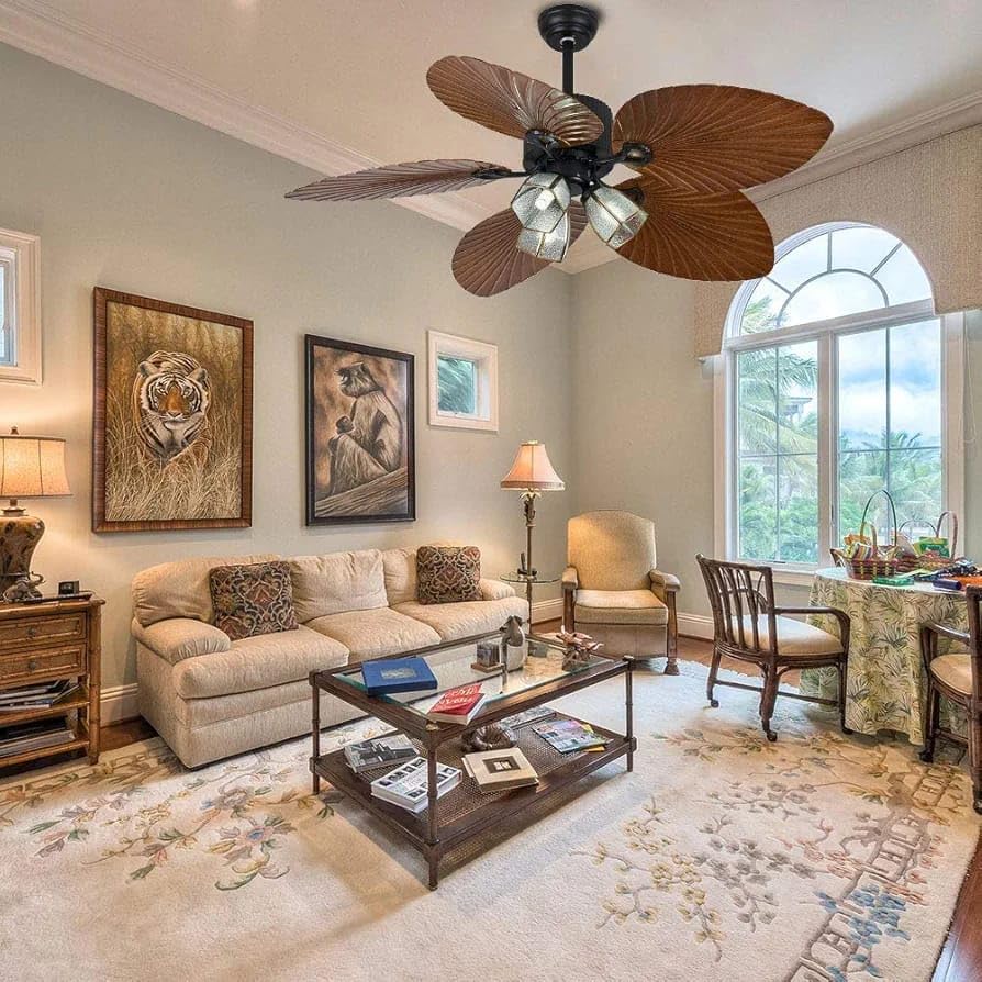 Ahuja International Metal Body 5 Brown Palm Leaf Wooden Crafted Blades Chandelier Fan Light with Reversible Motion Remote Control for Kitchen, Cafes, Hotels, Dining, Bar