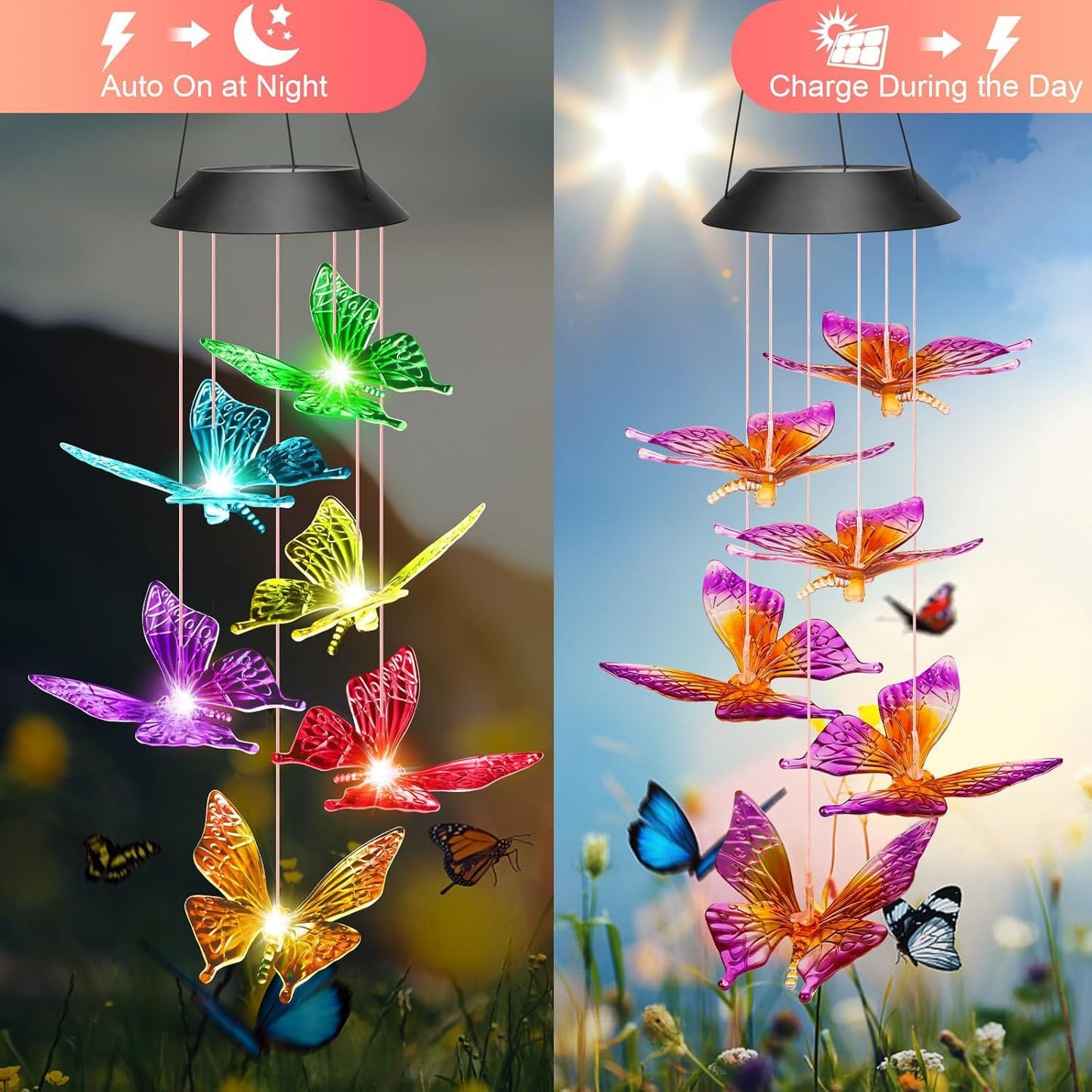 Ahuja International Solar Powered Wind Chime Butterfly,6 Butterflies, Waterproof Outdoor Decorative Romantic Light for Garden,Patio, Porch (Butterfly)