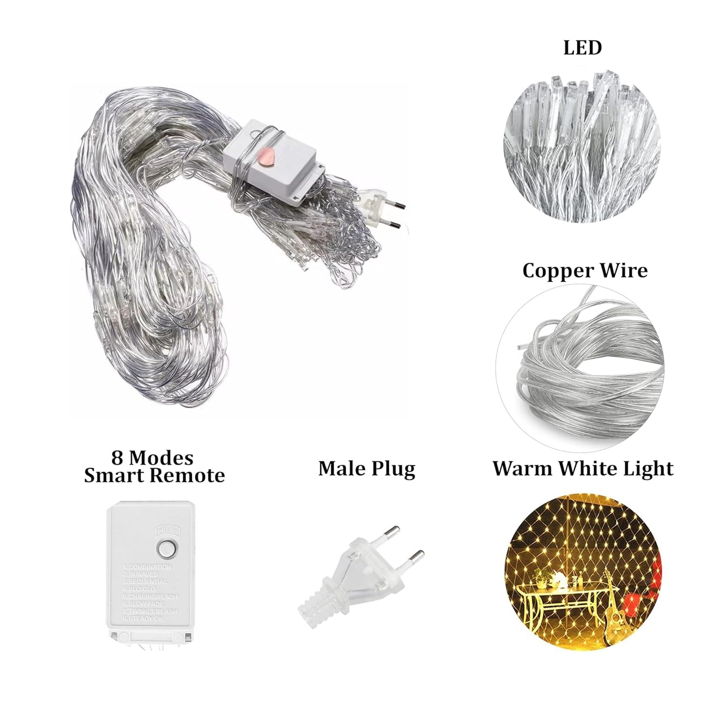 Ahuja International Net Mesh Curtain Lights – 224 LED Warm White Fairy String Lights, 3x2 Meter with 8 Lighting Modes for Home, Wedding, Party, Diwali, Christmas & Festival Decoration