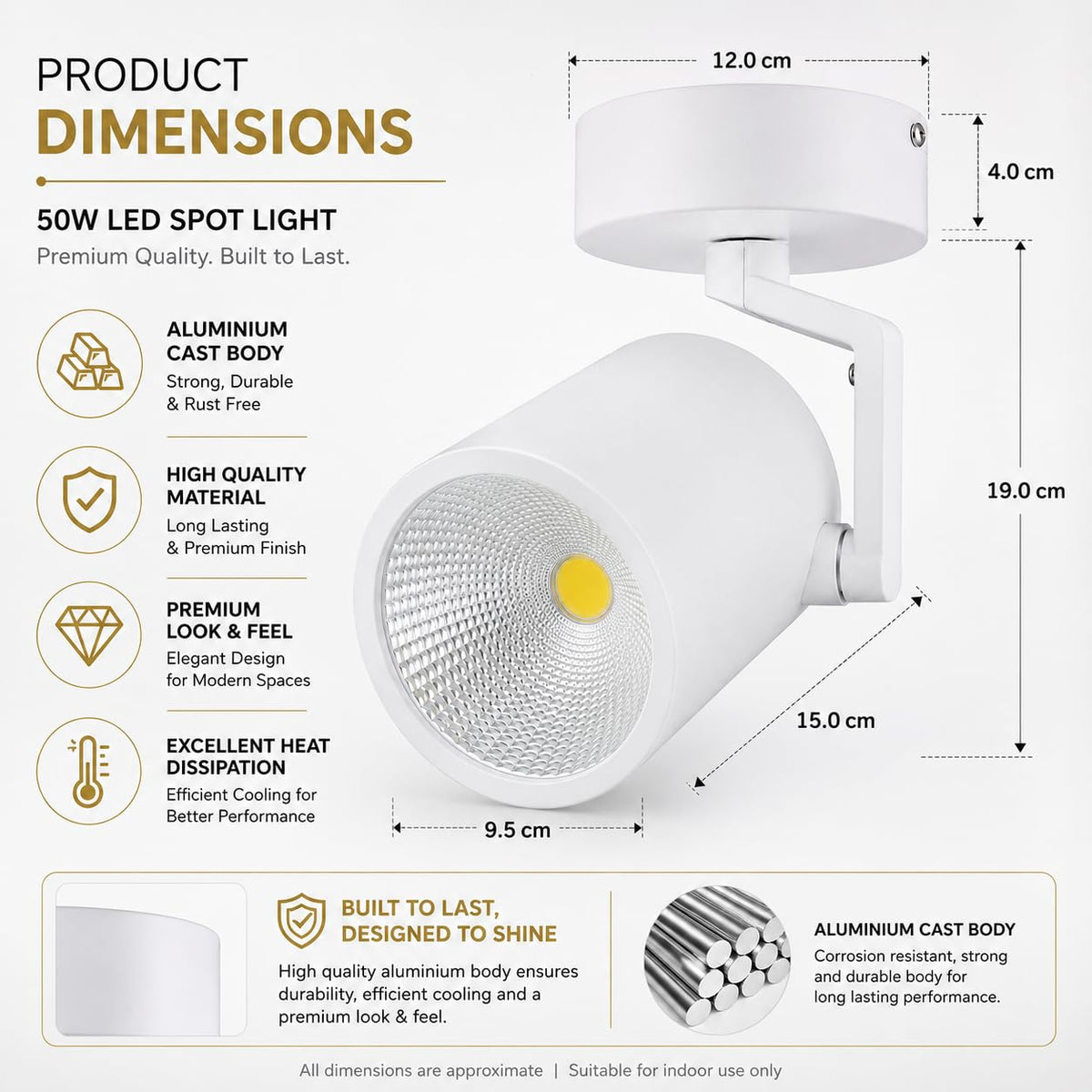 AHUJA INTERNATIONAL 50W COB Wall Spot Light for Home 360° Adjustable Rotatable Focus Track Light Cylindrical Wall Mounted Spotlight for Bedroom Display, White Body 2-Year Warranty , Pack of 1