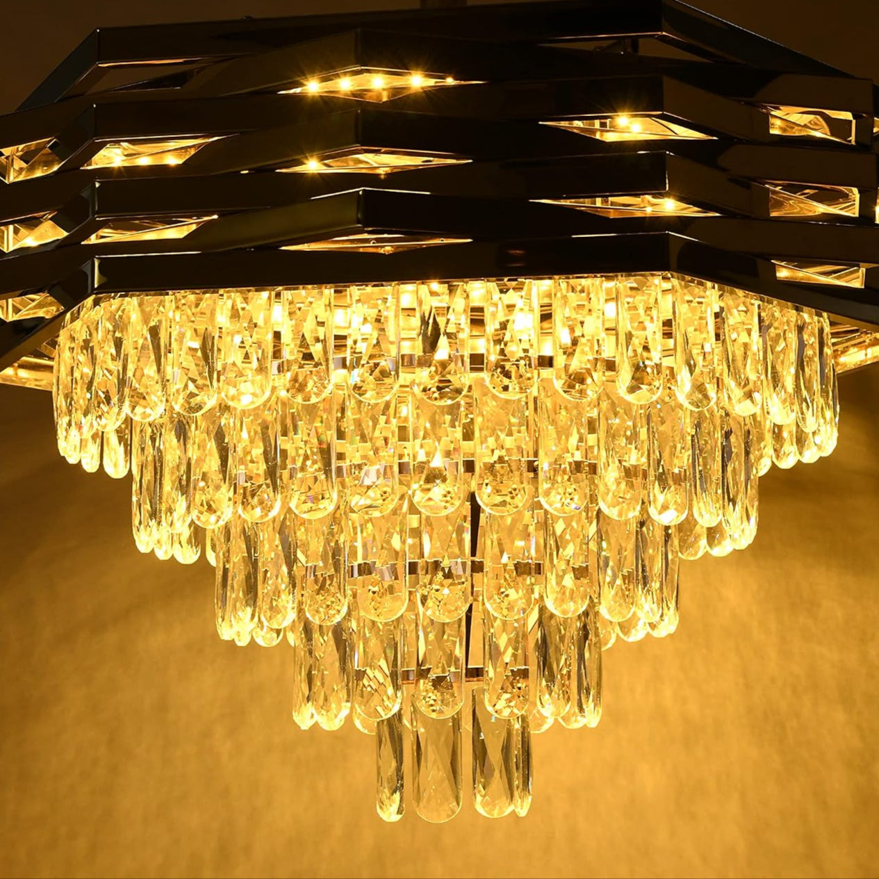 Ahuja International Crystal Fan Chandelier, Fan Jhumar, Fan Chandelier,K9 Crystals, Retractable Blades With Remote Control, Luxury Gold for Drawing Room , Living Room