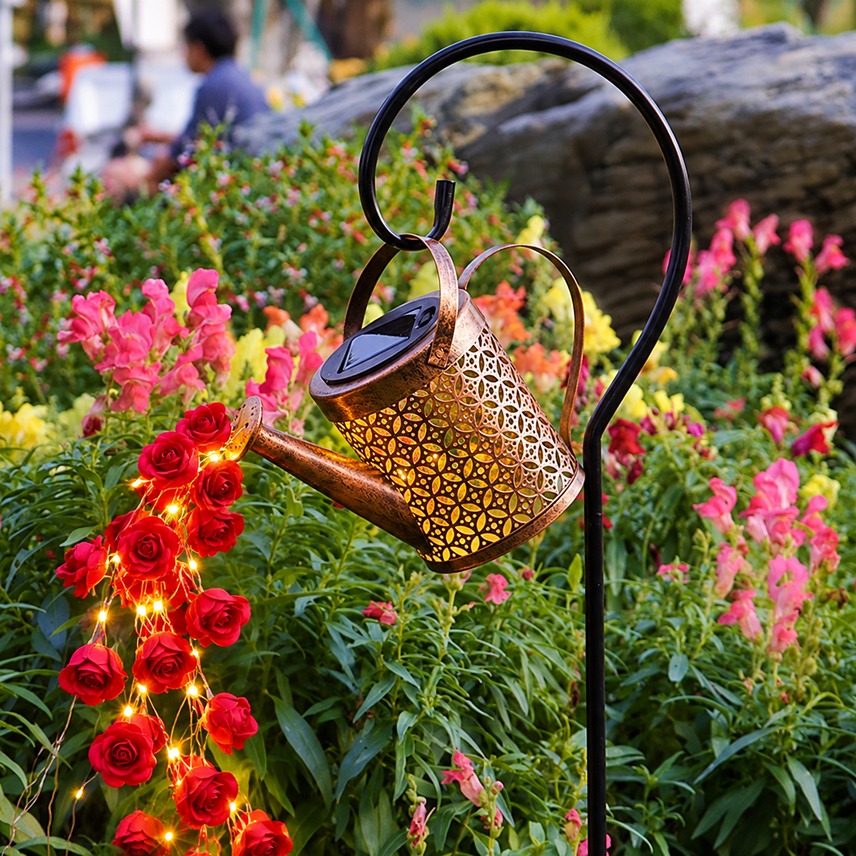 AHUJA INTERNATIONAL Solar Waterproof Watering Can Flower Flowing Water Effect Stake No Wiring Required Hollow Iron Kettle Lamp Automatic On/deactivate for Courtyard, Patio, Pathway, Balcony, White Pack of 1