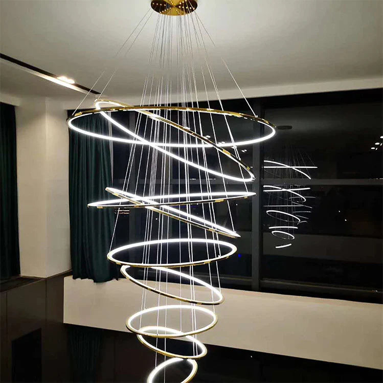 Ahuja International Modern Rings Gold Large Chandelier with Hanging Ceiling LED Light for Dinning Room, Living Room, Staircase Pendant Chandelier-11 Rings