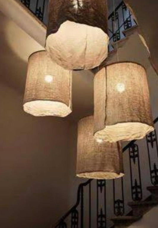 AHUJA INTERNATIONAL Lighting Fixtures with Raw Linen Lamp Shades in Drum Shapes