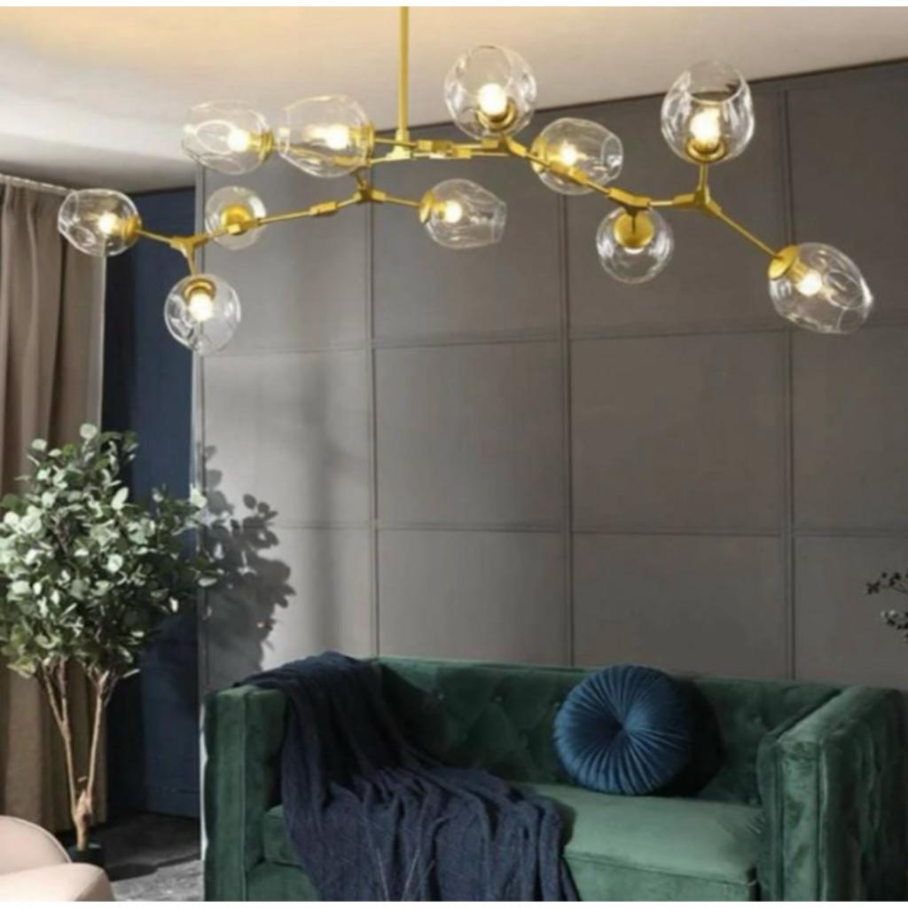 Modern Minimalist Tree Branch Clear Glass Globe Shade Adjustable 11-Light Large Pendant Light Metal in Gold