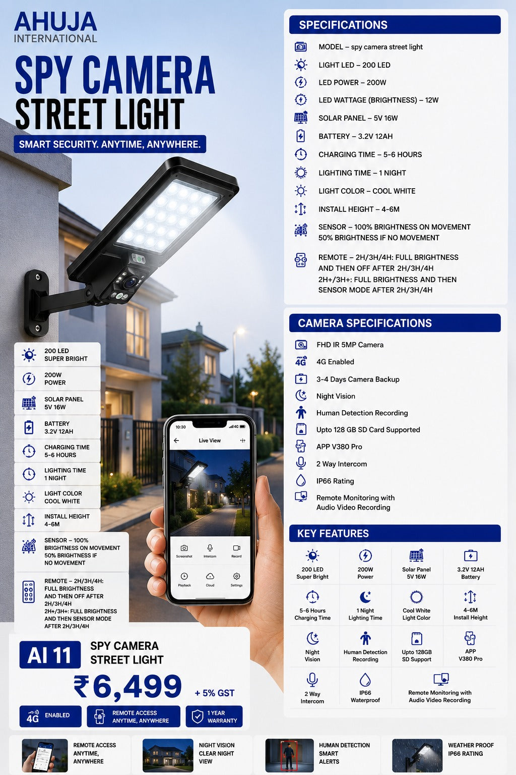 AHUJA INTERNATIONAL Spy Camera Street Light With 4G Sim Solar CCTV 5MP Camera 200 LED 16W Solar Panel 12Ah Battery Night Vision & Human Detection
