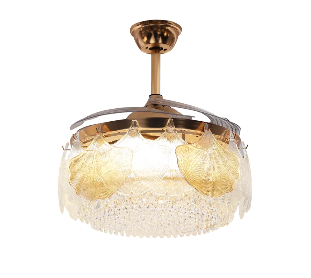Ahuja International Feather Glass Crystal Ceiling Fan Chandelier ,Luxury Gold Retractable Abs Blades with Light Led 3 Color Setting Control With Remote