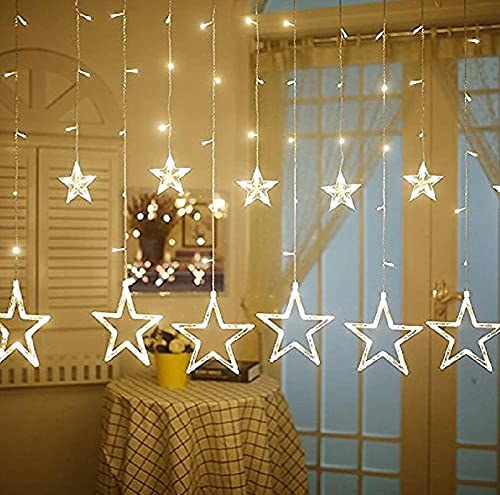 Ahuja International 12 Stars 138 LED Curtain String Lights Window Curtain Lights with 8 Flashing Modes Decoration for Christmas, Wedding, Party, Home, Patio Lawn Warm White (138 LED - Star)