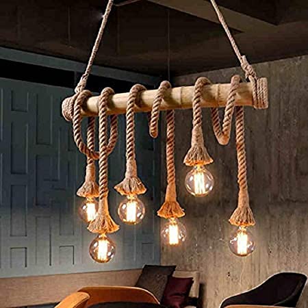 Ahuja International Vintage Pendant Chandelier Lighting Natural Hemp Rope Bamboo Edison LED Antique Retro Loft Island Pendant Lamp Hanging Light Ceiling Fixture with 6 Lights (Bulb Not Included)