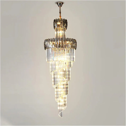 Ahuja International Black Geminus Long Crystal Double Height Chandelier for Staircase, Villa, Lobby, Foyer Entryway, Hotel, Living Room Décor