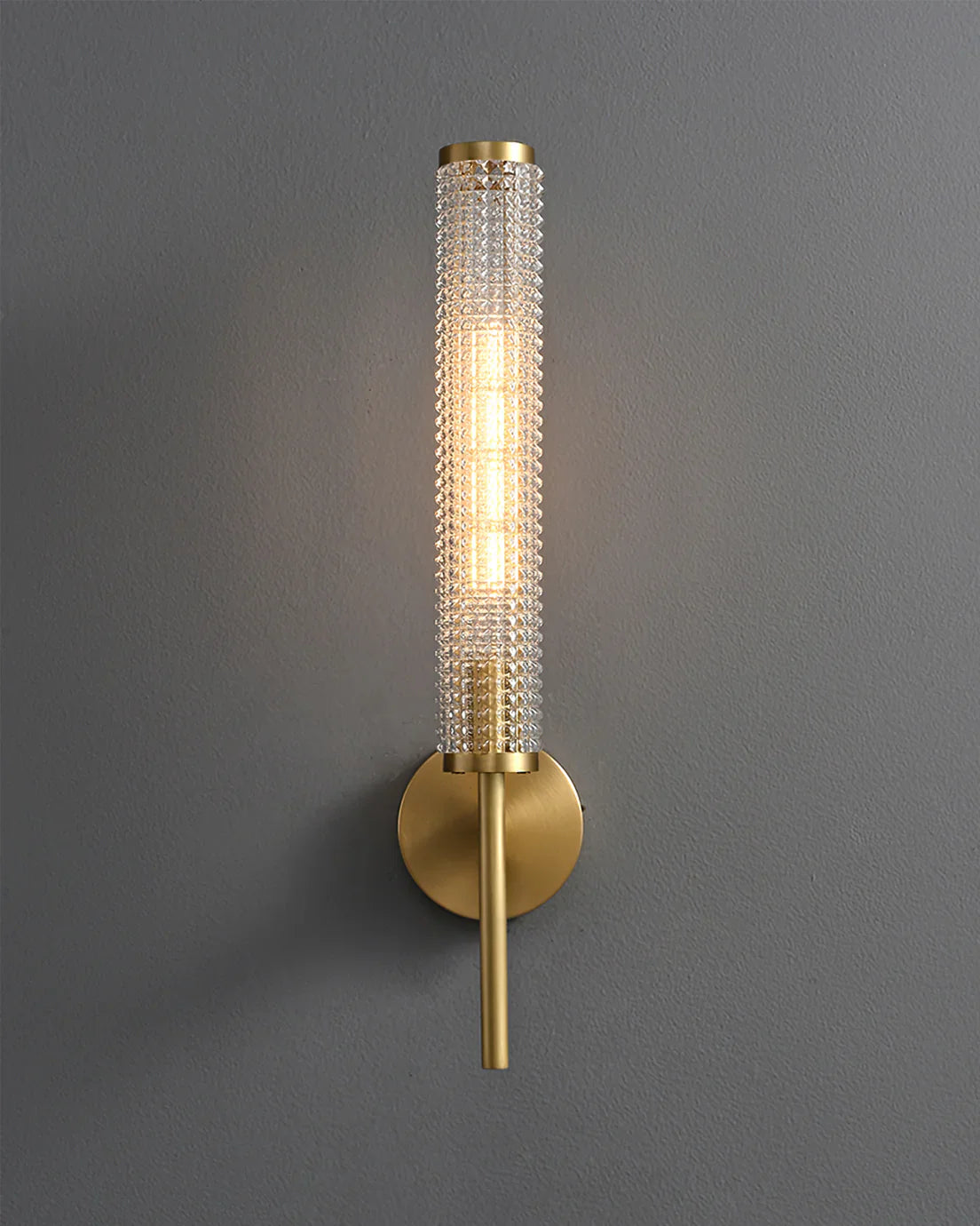 Ahuja International Modern Luxury Brass Crystal Long Column Straight Arm LED Wall Sconce Lamp