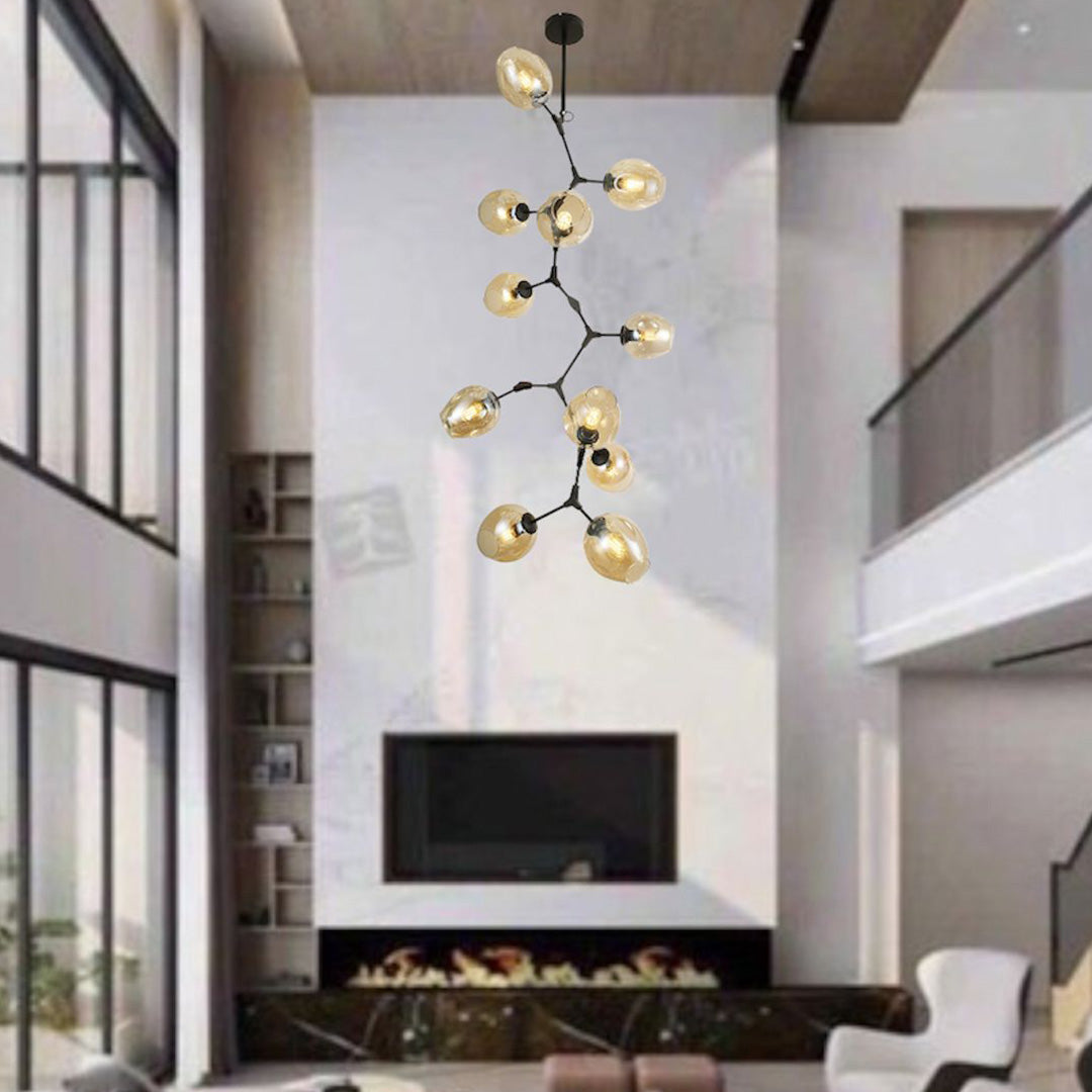 Ahuja international 11 Light Amber Glass Black Double Height Long Chandelier - Warm White