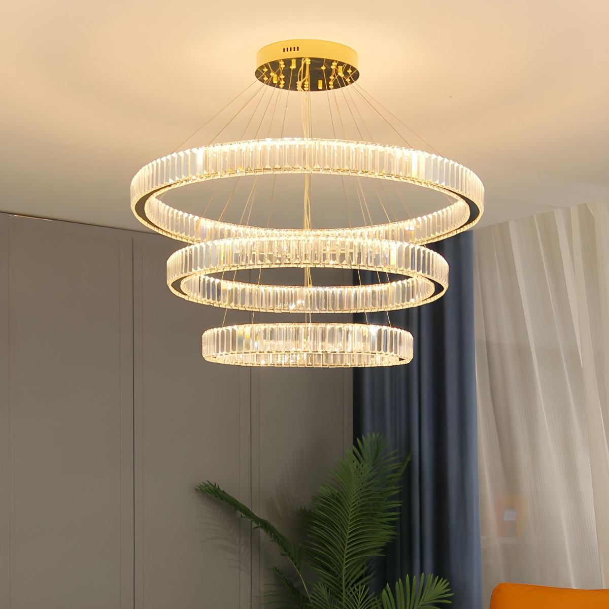 Ahuja International Triple Ring Light Luxury Crystal Chandelier Living Room Lamp Post Modern Simple Atmosphere Duplex Building Restaurant Ring Lamp