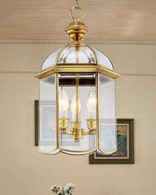 Ahuja International Golden Glass Luxury Pendant Light Colonial Lantern Hanging Pendant 3 Heads Clear Glass Chandelier Lighting Fixture for Hallway
