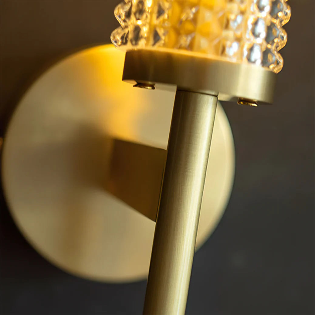 Ahuja International Modern Luxury Brass Crystal Long Column Straight Arm LED Wall Sconce Lamp