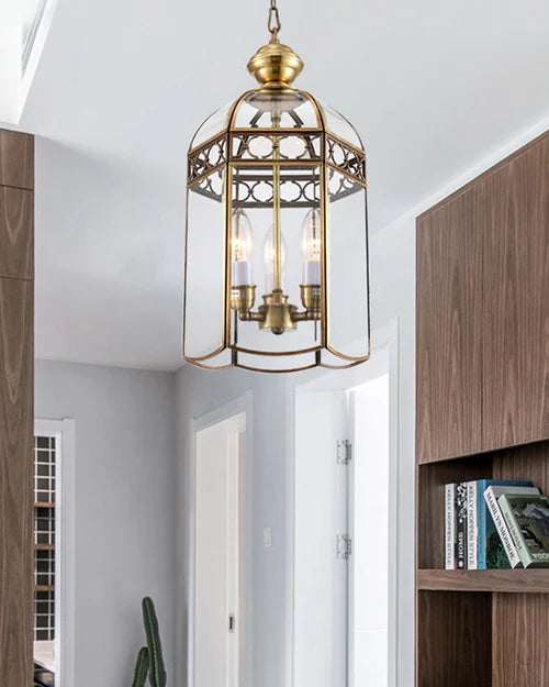Ahuja International Golden Glass Luxury Pendant Light Colonial Lantern Hanging Pendant 3 Heads Clear Glass Chandelier Lighting Fixture for Hallway