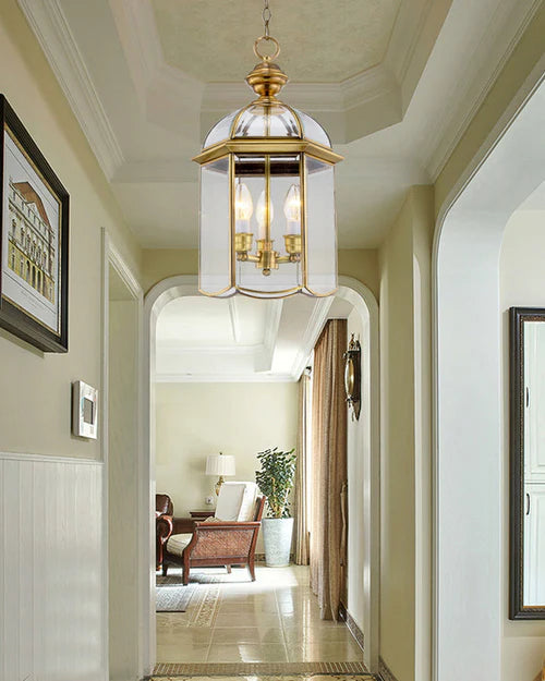 Ahuja International Golden Glass Luxury Pendant Light Colonial Lantern Hanging Pendant 3 Heads Clear Glass Chandelier Lighting Fixture for Hallway