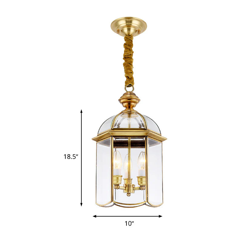 Ahuja International Golden Glass Luxury Pendant Light Colonial Lantern Hanging Pendant 3 Heads Clear Glass Chandelier Lighting Fixture for Hallway