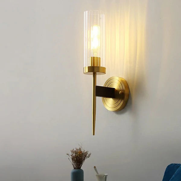 Ahuja International Mashal Light Wall Lamp Modern Gold 2 Light Wall Sconce with Clear Cylindrical Glass Shade Wall Lamp Vintage Brushed Brass Wall Light  lamp