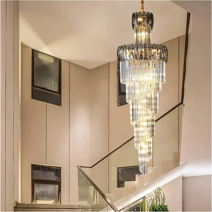 Ahuja International Black Geminus Long Crystal Double Height Chandelier for Staircase, Villa, Lobby, Foyer Entryway, Hotel, Living Room Décor