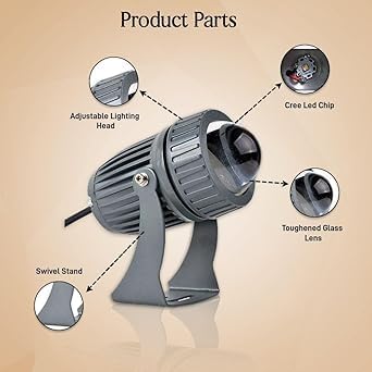 AHUJA INTERNATIONAL Modern Landscape Beam Spot Focus Floor Light Grey Body Outdoor Waterproof Light Corded Electric Long Distance Straight Beam Spot Focus Light 24 Watts Garden Light Warm White