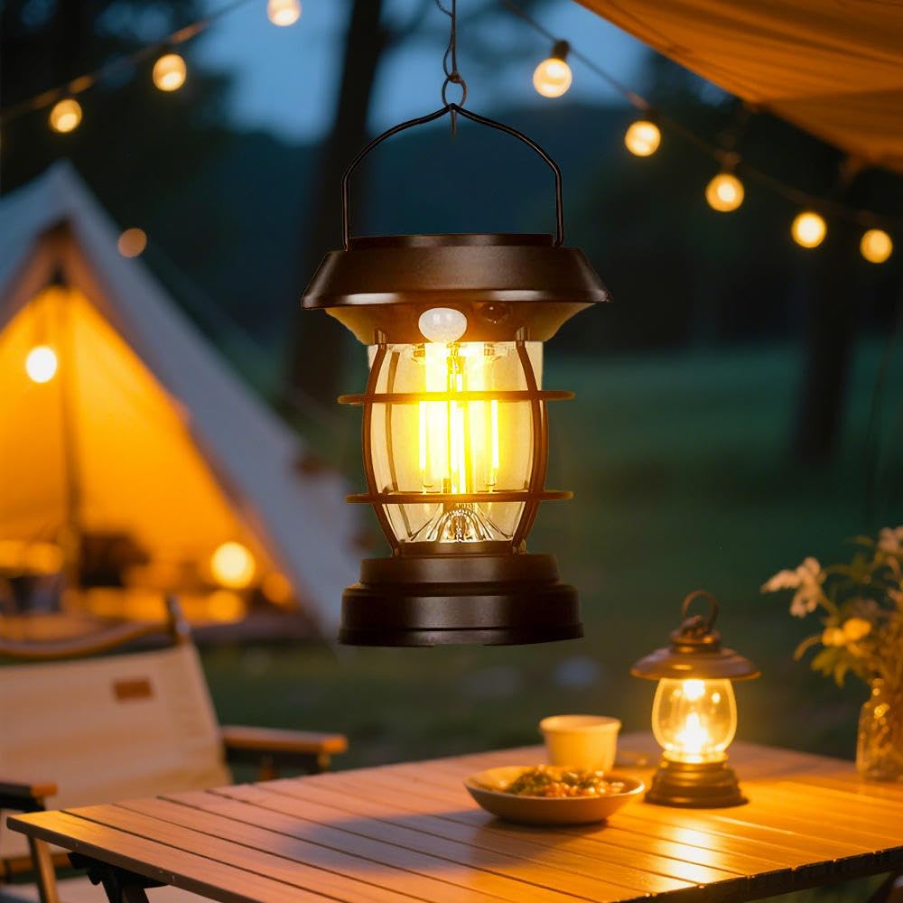 Ahuja International Solar Sensor Camping Hanging Vintage Style Lanterns Rechargeable Portable, Tabletop Lantern, Waterproof for Tent Night Light Indoor/Outdoort Lanterns Light