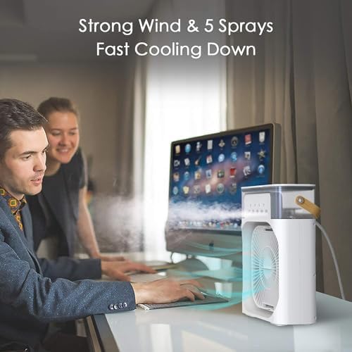Ahuja International Mini Air Cooler, USB Desk Fan, Personal Evaporative Cooler with 7 Colors Light, 1/2/3 H Timer, 3 Wind Speeds and 3 Spray Modes for Office, Home, Travel Mini Fan