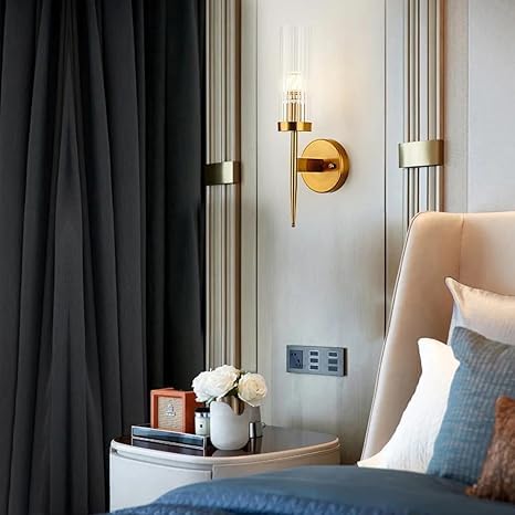 AHUJA INTERNATIONAL Modern Contemporary Long Glass Wall Light,Cylinder Shade, Brass Gold Finish, Indoor Wall Mount Light Fixture, Golden for Living Room, Bedroom, Café & Home Décor Wall Lamp