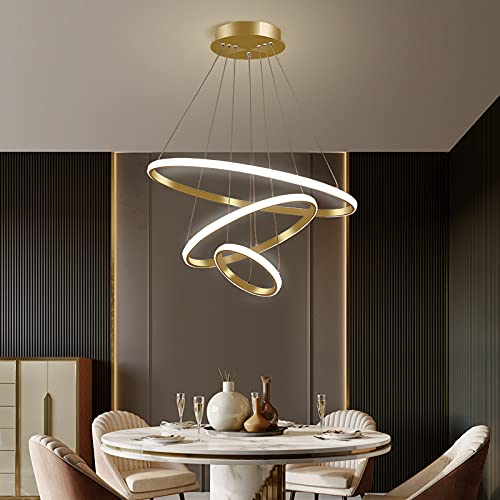 3 RING GOLD BODY MODERN DOUBLE LED CHANDELIER FOR DINING LIVING ROOM OFFICE HANGING SUSPENSION FANCY LAMP - WARM WHITE