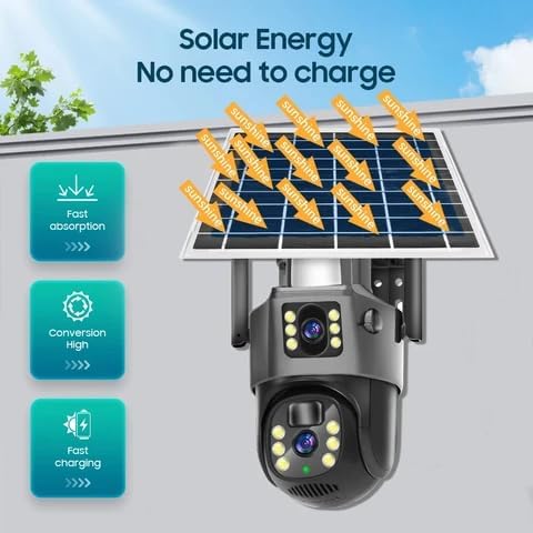 AHUJA INTERNATIONAL WiFi Dual Solar CCTV Camera 5MP+5MP 360° PTZ Wireless Security Camera with Solar Panel & 10000mAh Night Vision, Human Detection, 2-Way Audio, V380 Pro App, IP66 SD Card Support