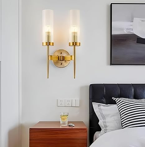 AHUJA INTERNATIONAL Modern Contemporary Long Glass Wall Light,Cylinder Shade, Brass Gold Finish, Indoor Wall Mount Light Fixture, Golden for Living Room, Bedroom, Café & Home Décor Wall Lamp