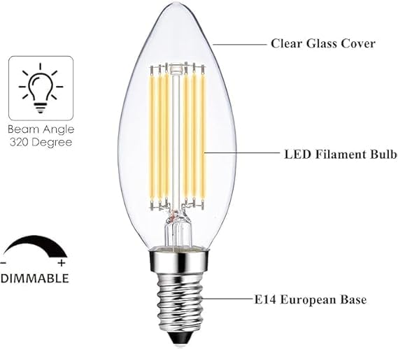 AHUJA INTERNATIONAL Antique Retro Candle Dimmable Vintage Edison Light Bulb 6W Bulb for Chandelier,decorative, jhummar, Cafe Lights Bulb Clear Glass ,Warm & Yellow Pack of 1