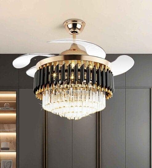 Ahuja international  Modern Creative Design Chandelier Ceiling Fan with LED Lighting,Crystal Chandelier Fan Gold Retractable Ceiling Fan Light