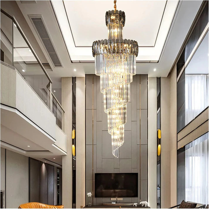 Ahuja International Black Geminus Long Crystal Double Height Chandelier for Staircase, Villa, Lobby, Foyer Entryway, Hotel, Living Room Décor