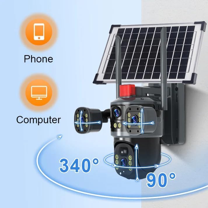 AHUJA INTERNATIONAL Eye Sim 3 View Solar Double 4G/5G Wireless Security CCTV Camera with Solar Panel Dual 2MP FHD Lens Night Vision, Human Detection, 10000mAh Battery, 2-Way Audio, IP66 V380 Pro App